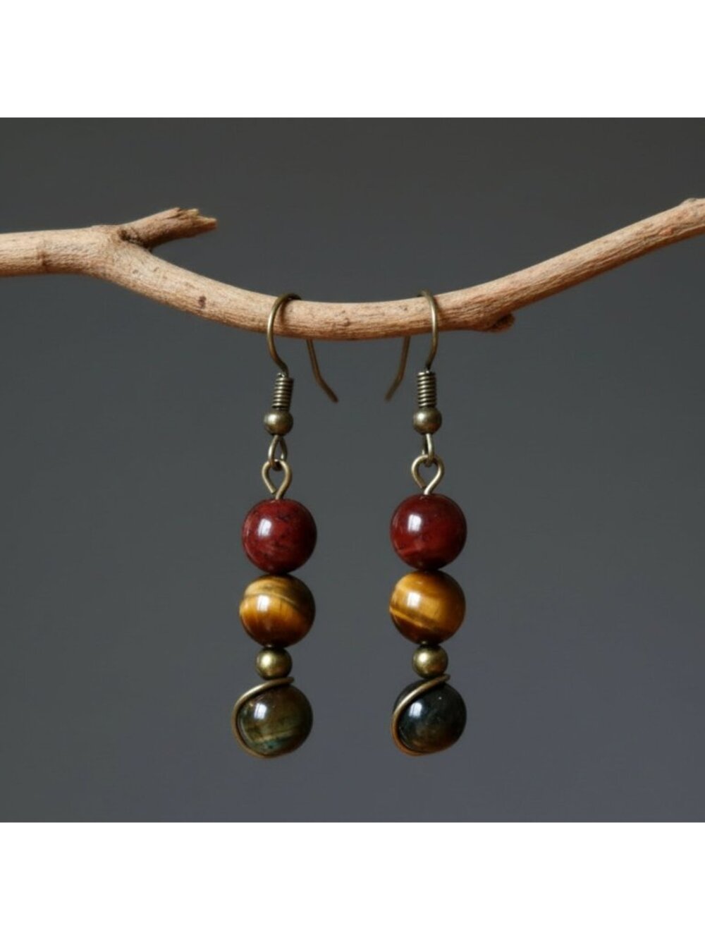 Tigers Eye Earrings Keen Red Brown Hawks Gemstones Triple Drop Crystal Jewelry